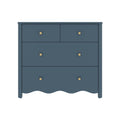 Navy blue wooden dresser with brass knobs, two small top drawers and two large lower drawers, scalloped apron bedroom storage