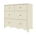 Cream cottage-style 4-drawer wooden dresser with gold knobs and scalloped apron, ideal nursery or bedroom storage