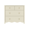 Cream wooden 4-drawer dresser with two small top drawers and two large lower drawers, brass knobs and scalloped base, nursery and bedroom storage
