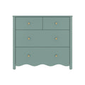 Seafoam teal dresser with two small top drawers and two large drawers, gold round knobs and scalloped bottom trim — bedroom storage