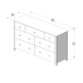 Isometric line drawing of a white wooden dresser (chest of drawers) with rounded corners, scalloped bottom apron and round knobs, annotated with dimensions 56" (142 cm) wide × 18" (46 cm) deep × 31" (79 cm) high, ideal for bedroom storage and furniture planning.