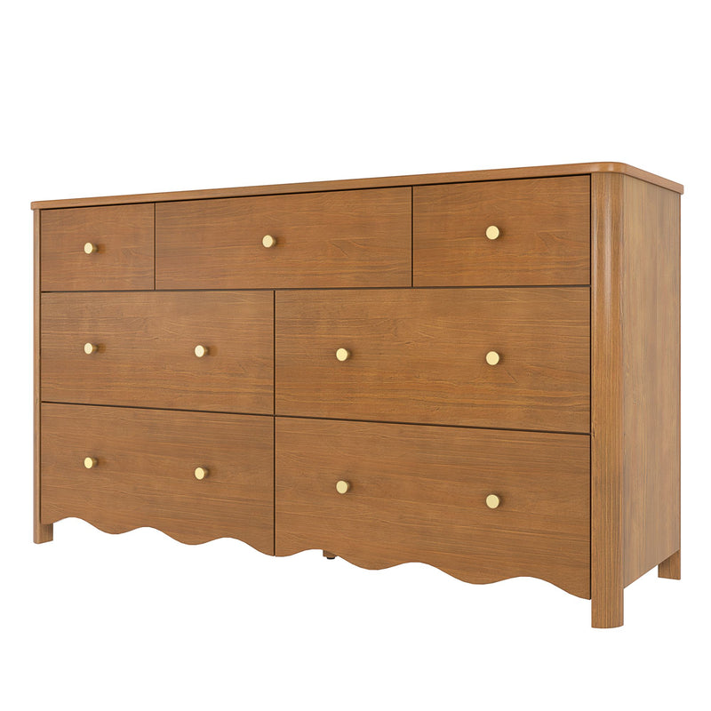 Wide mid-century modern walnut-finish wooden dresser with multiple drawers, round brass knobs and scalloped base for bedroom storage