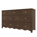 Dark walnut wooden dresser with round brass knobs, multi-drawer bedroom storage dresser with scalloped skirt in modern farmhouse style