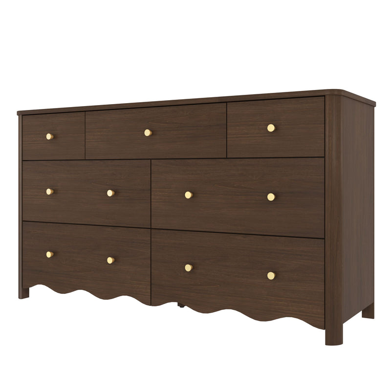 Dark walnut wooden dresser with round brass knobs, multi-drawer bedroom storage dresser with scalloped skirt in modern farmhouse style
