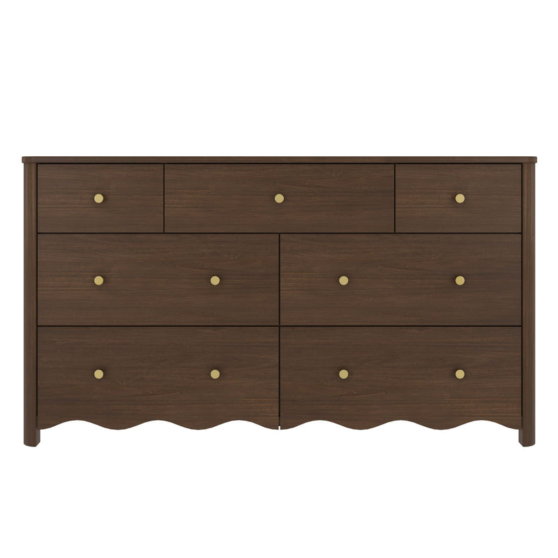 Dark walnut 7-drawer wooden dresser with brass round knobs and scalloped bottom skirt, wide bedroom chest of drawers for storage in modern farmhouse style