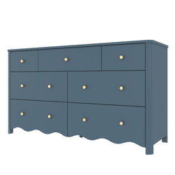 Navy blue wooden dresser with brass knobs and scalloped apron, modern bedroom storage