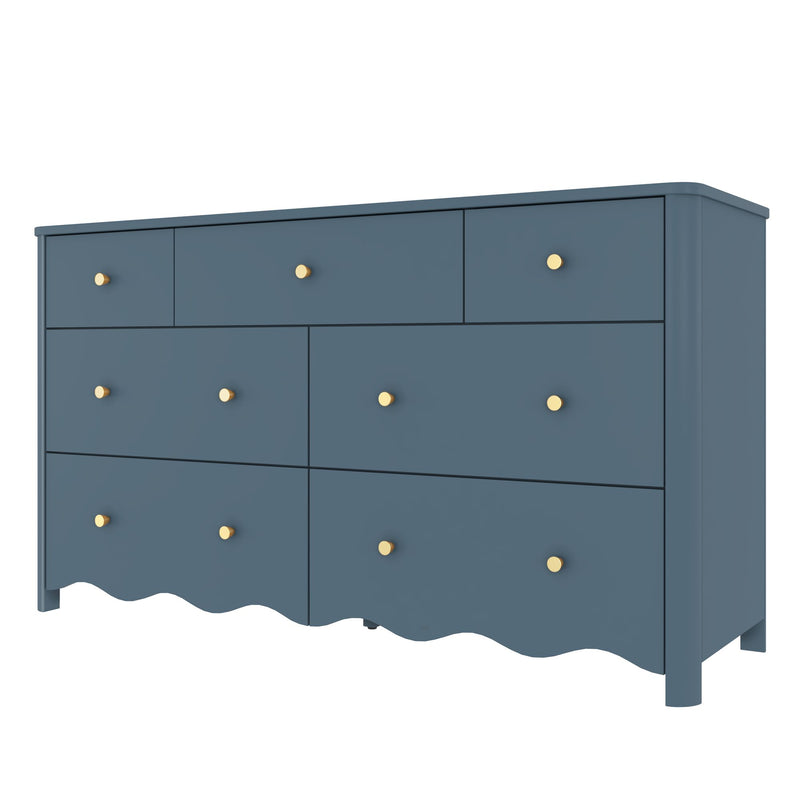 Navy blue wooden dresser with brass knobs and scalloped apron, modern bedroom storage