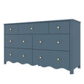 Navy blue wooden dresser with brass knobs and scalloped apron, modern bedroom storage