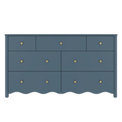 Navy blue wooden dresser with round brass knobs and scalloped bottom edge, modern farmhouse bedroom storage chest ideal for nursery or living room decor
