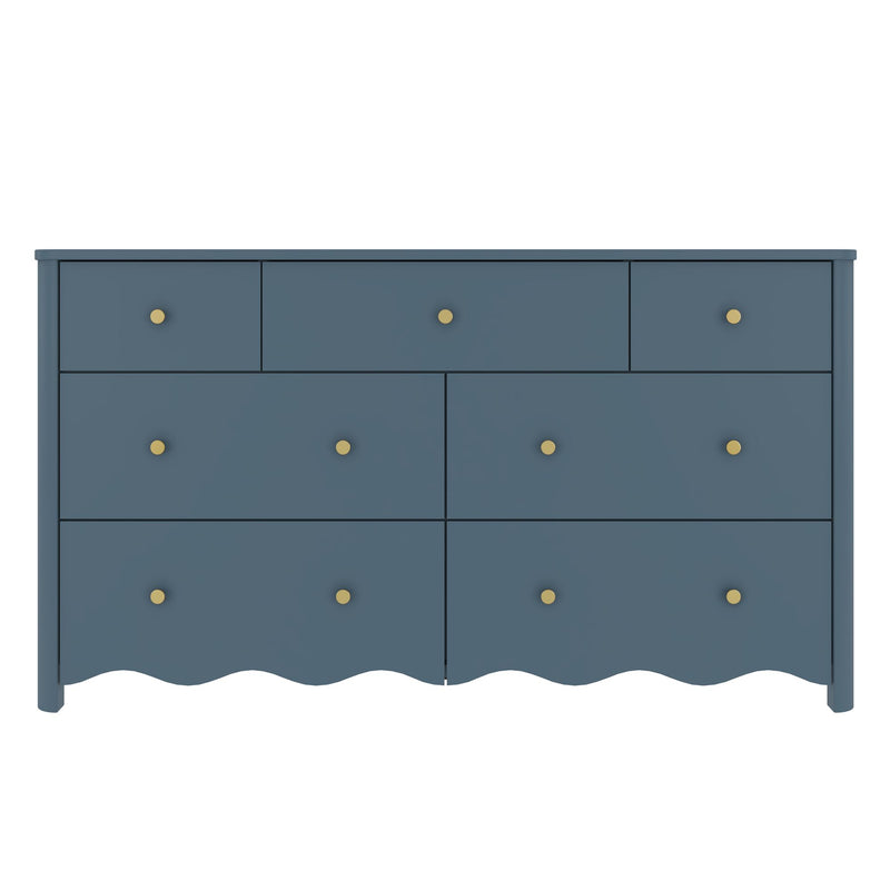 Navy blue wooden dresser with round brass knobs and scalloped bottom edge, modern farmhouse bedroom storage chest ideal for nursery or living room decor