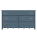 Navy blue wooden dresser with round brass knobs and scalloped bottom edge, modern farmhouse bedroom storage chest ideal for nursery or living room decor