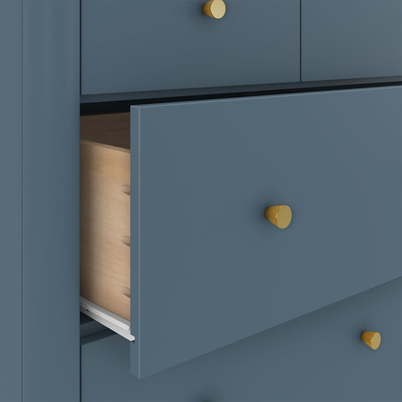Blue dresser with gold knobs, open drawer revealing wooden interior and metal slide, modern bedroom storage solution