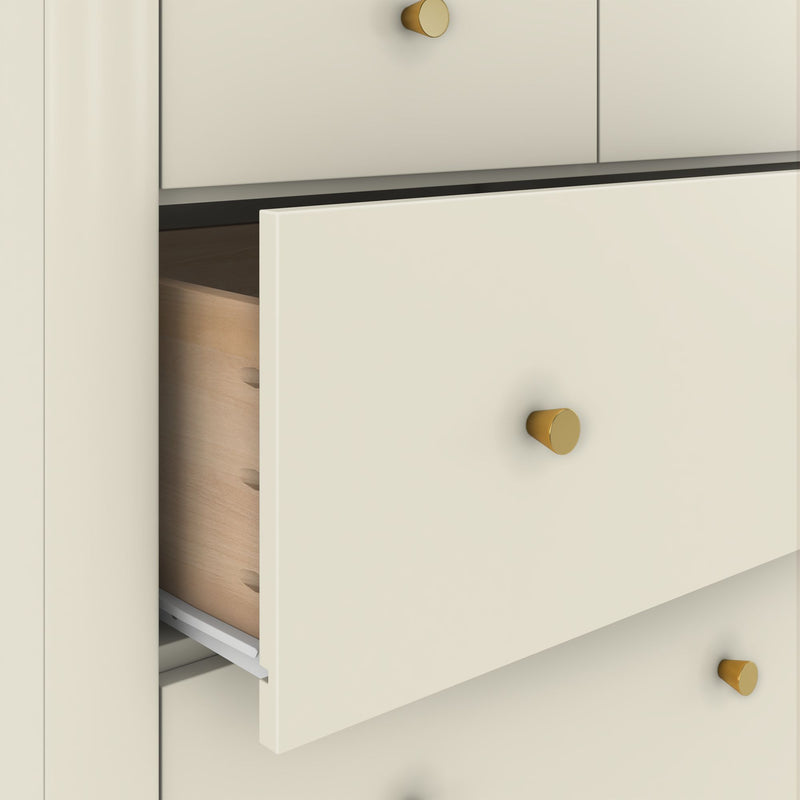 Minimalist cream dresser with gold knobs and partially open wooden drawer on metal slides, modern bedroom storage cabinet