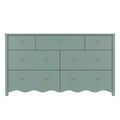 Teal wooden bedroom dresser with brass round knobs, scalloped bottom apron and multiple storage drawers, vintage-style chest of drawers