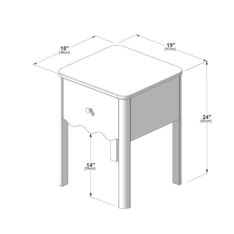 Small bedside nightstand side table with single drawer and scalloped apron, measurement diagram showing 19" (47 cm) deep × 18" (46 cm) wide × 24" (61 cm) high with 14" (34 cm) drawer clearance — small nightstand dimensions