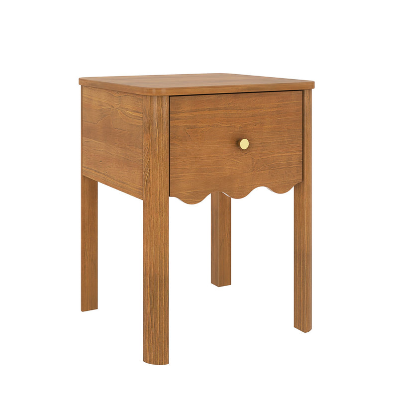 Light walnut wooden nightstand bedside table with one drawer, brass knob, scalloped apron detail and straight legs