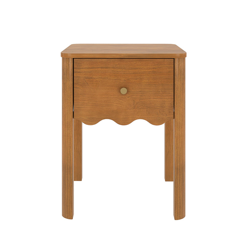 Light brown wooden bedside nightstand with single drawer, round brass knob and scalloped apron — compact mid-century style end table for bedroom storage