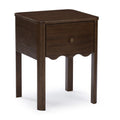 Dark brown solid wood nightstand with single drawer and round brass knob, scalloped apron detail and square legs bedside end table