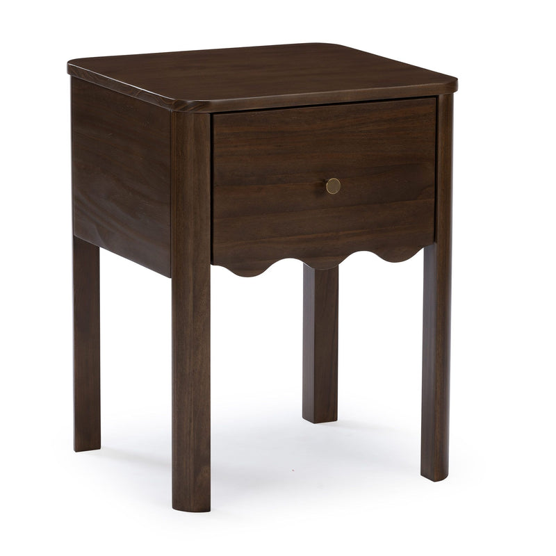 Dark brown solid wood nightstand with single drawer and round brass knob, scalloped apron detail and square legs bedside end table