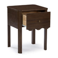 Walnut bedside table nightstand with single open drawer, brass knob and scalloped apron on four legs