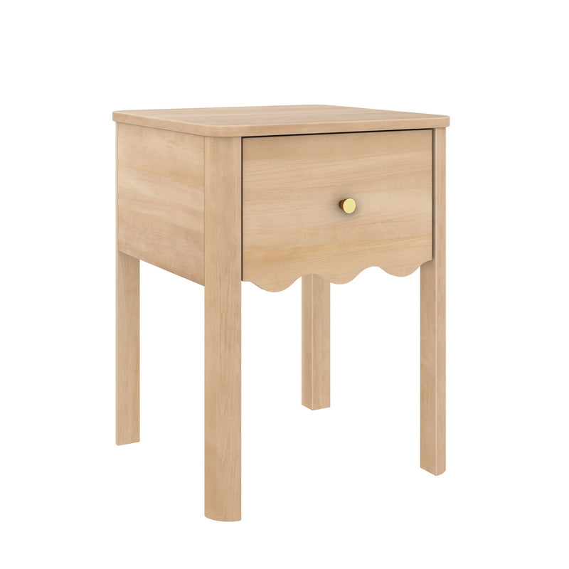Light wood bedside table with single drawer and round brass knob, scalloped apron and four legs — modern farmhouse bedroom nightstand