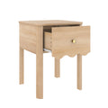 Light wood bedside table nightstand with single open drawer, scalloped apron and gold knob, modern farmhouse style