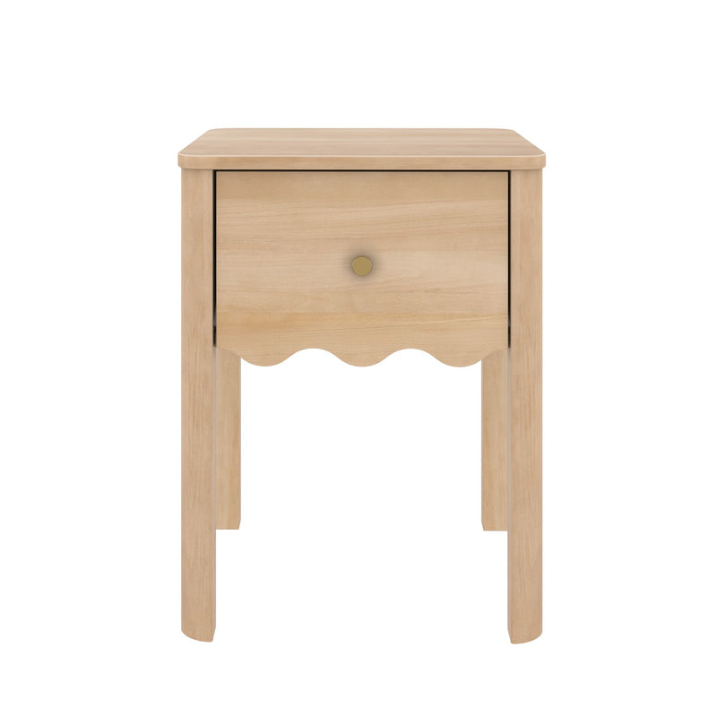 Natural light wood nightstand bedside table with single drawer, scalloped apron and round brass knob on four legs — compact rustic modern design