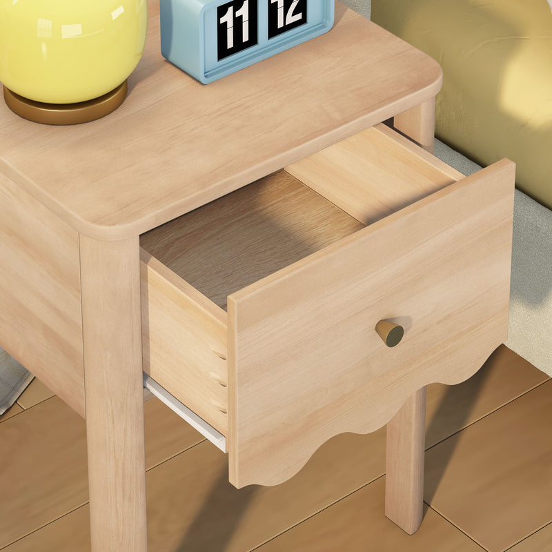 Light wood nightstand bedside table with open drawer, yellow table lamp and blue flip clock, minimalist Scandinavian bedroom furniture