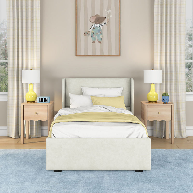 Children's bedroom with upholstered twin bed, white and yellow bedding, wooden nightstands with yellow lamps, blue area rug, plaid curtains and framed mouse wall art