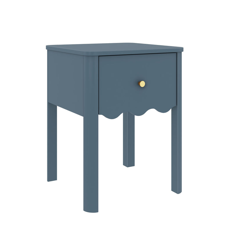 Blue bedside table with single drawer and gold knob, scalloped apron and wooden legs — modern nightstand for bedroom