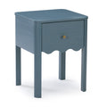 Matte blue wooden bedside table nightstand with single drawer and brass knob, scalloped apron and square legs