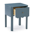 Blue wooden nightstand with single pull-out drawer, brass knob, scalloped apron and natural wood interior on four legs