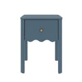 Blue painted wooden bedside table nightstand with one drawer, scalloped apron and brass knob — compact modern farmhouse accent table