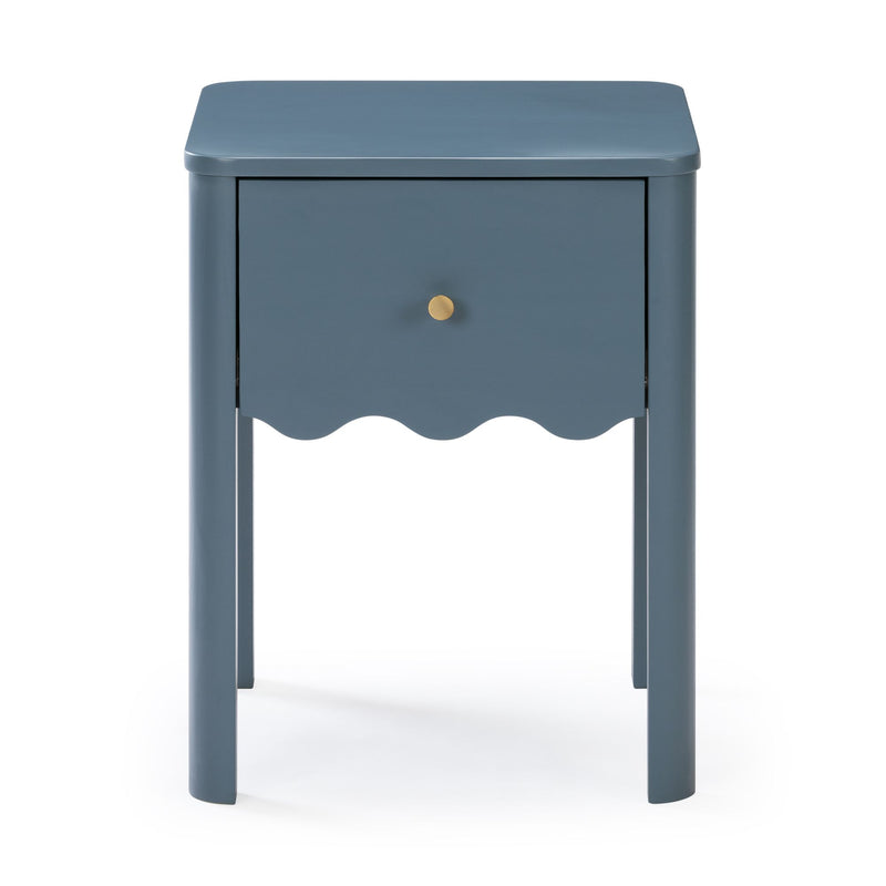 Blue wooden nightstand with single drawer and brass knob, scalloped apron and slim legs — modern bedroom side table