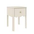 Cream wooden nightstand with single drawer and gold knob, scalloped-apron bedside table for modern farmhouse bedroom