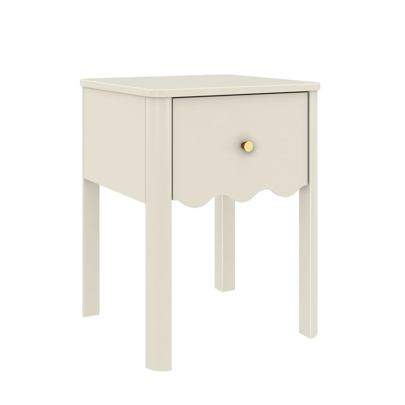 Cream wooden nightstand with single drawer and gold knob, scalloped-apron bedside table for modern farmhouse bedroom