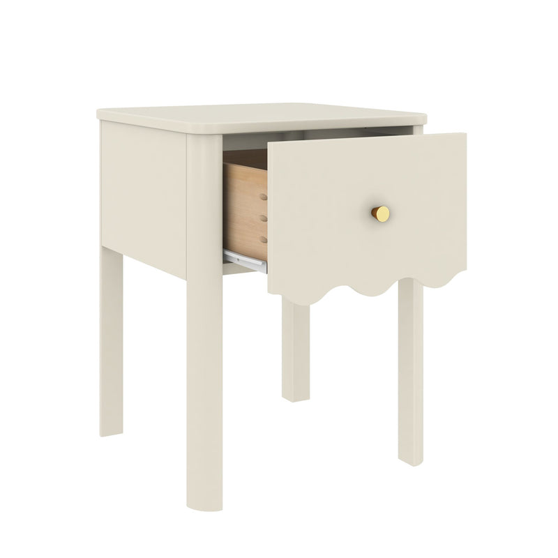 Small cream bedside table nightstand with single scalloped drawer, gold knob and open wooden interior on tall legs — modern farmhouse bedroom furniture