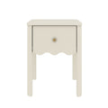 Cream wooden bedside table nightstand with scalloped apron, single drawer and brass knob - small modern farmhouse bedroom accent