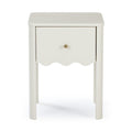 White bedside table nightstand with single drawer, gold-tone knob and scalloped apron — minimalist small side table for bedroom