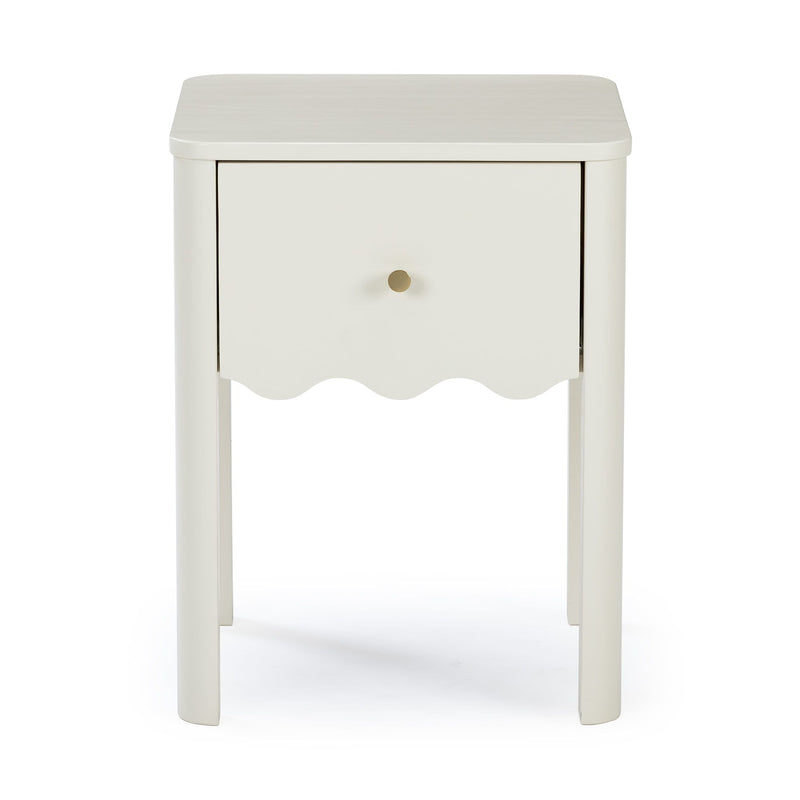 White bedside table nightstand with single drawer, gold-tone knob and scalloped apron — minimalist small side table for bedroom