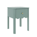 Mint green wooden bedside table nightstand with single drawer and gold round knob, scalloped apron detail and tall tapered legs