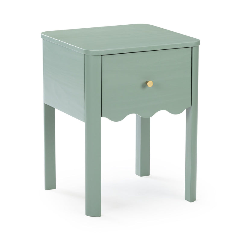 Sage green painted wooden nightstand with single drawer and brass knob, scalloped apron and slender square legs — modern bedside table