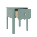 Teal bedside table nightstand with one pull-out drawer, wooden interior, gold knob, scalloped apron and four legs — modern bedroom accent table