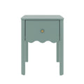 Teal painted-wood bedside table nightstand with single drawer, scalloped apron and brass knob, small modern cottage bedroom accent