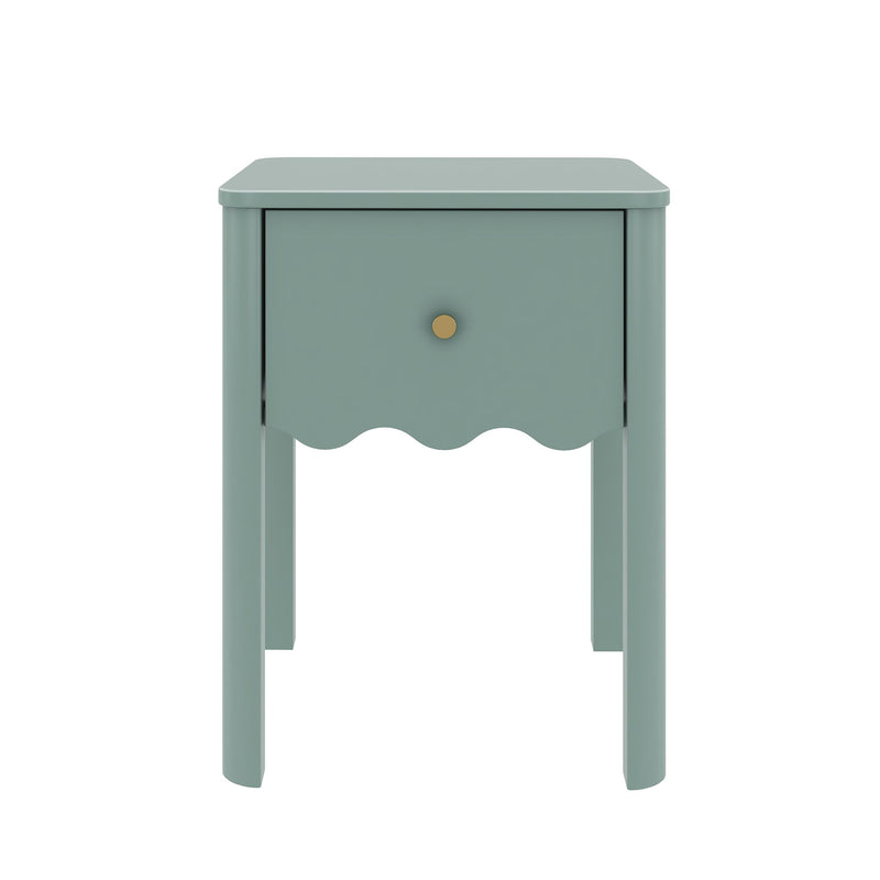 Teal painted-wood bedside table nightstand with single drawer, scalloped apron and brass knob, small modern cottage bedroom accent