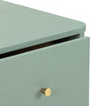 Close-up of mint green wooden dresser drawer with matte finish and brass cone knob, modern nightstand detail