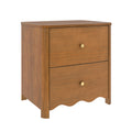 Warm walnut-tone 2-drawer wooden nightstand bedside table with brass knobs and scalloped apron, mid-century modern bedroom storage