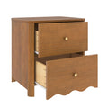 Two-drawer warm brown wooden nightstand bedside table with brass knobs, scalloped bottom trim and partially open drawers