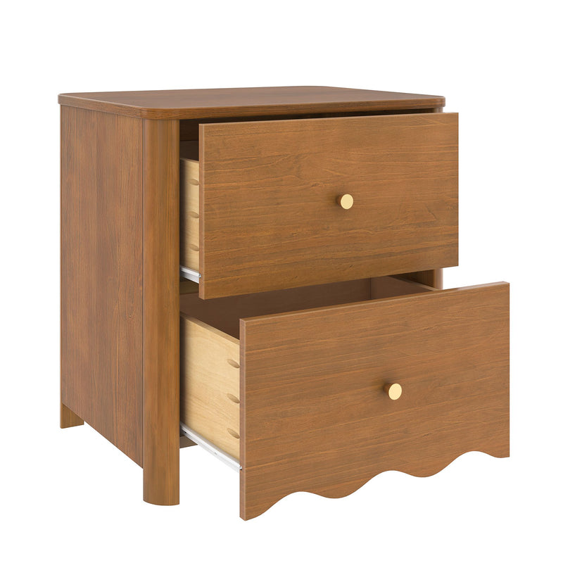 Two-drawer warm brown wooden nightstand bedside table with brass knobs, scalloped bottom trim and partially open drawers