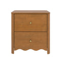 Two-drawer wooden nightstand in warm walnut finish with round brass knobs and scalloped apron — modern bedside table for bedroom storage